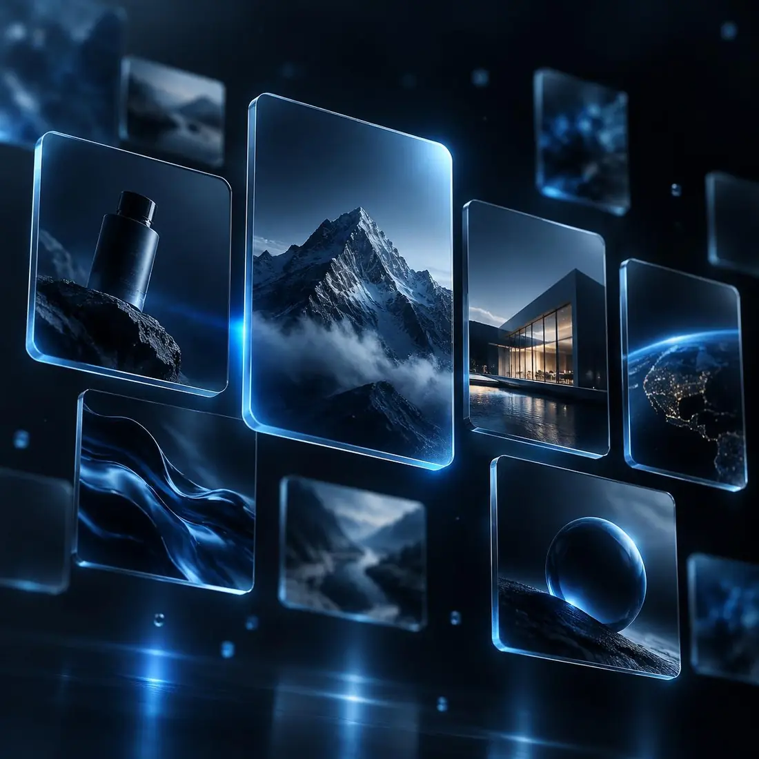 Mosaico de telas de projetos digitais com brilho azul